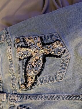 Miss Me Light Blue Boot Cut Jeans with Sequin Cross Pocket
